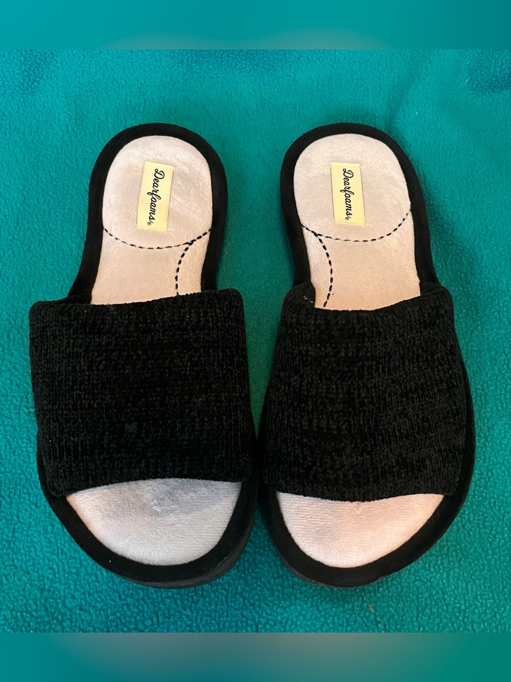 Dearfoams Beatrice Microfiber Terry Women’s Black Slide Slippers Sz L